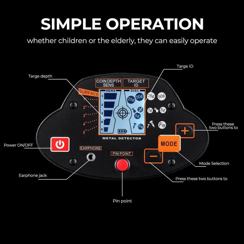 MD-5030 Metal Detector with Waterproof Search Coil, Adjustable Shaft & Dual Search Modes for Coins