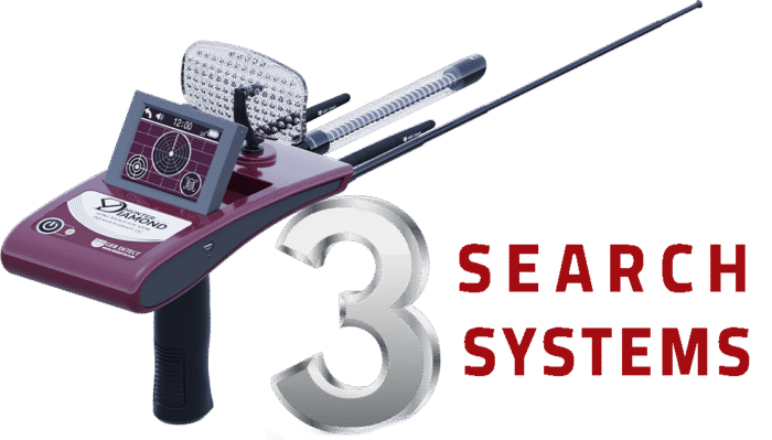 Ger Detect Diamond Hunter Smart Metal Detector with control panel and search coil for detecting diamonds and metals.