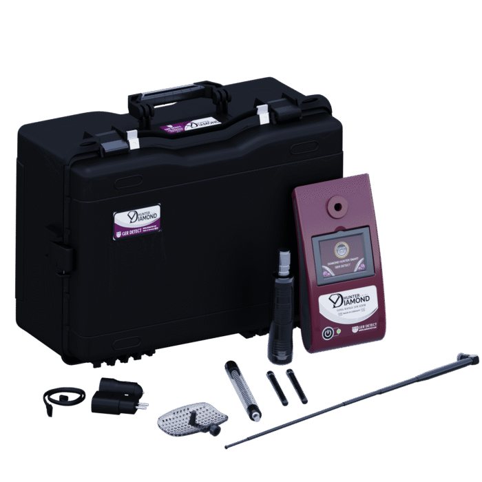 Ger Detect Diamond Hunter Smart Metal Detector with digital display and search coil for detecting gems and metals.