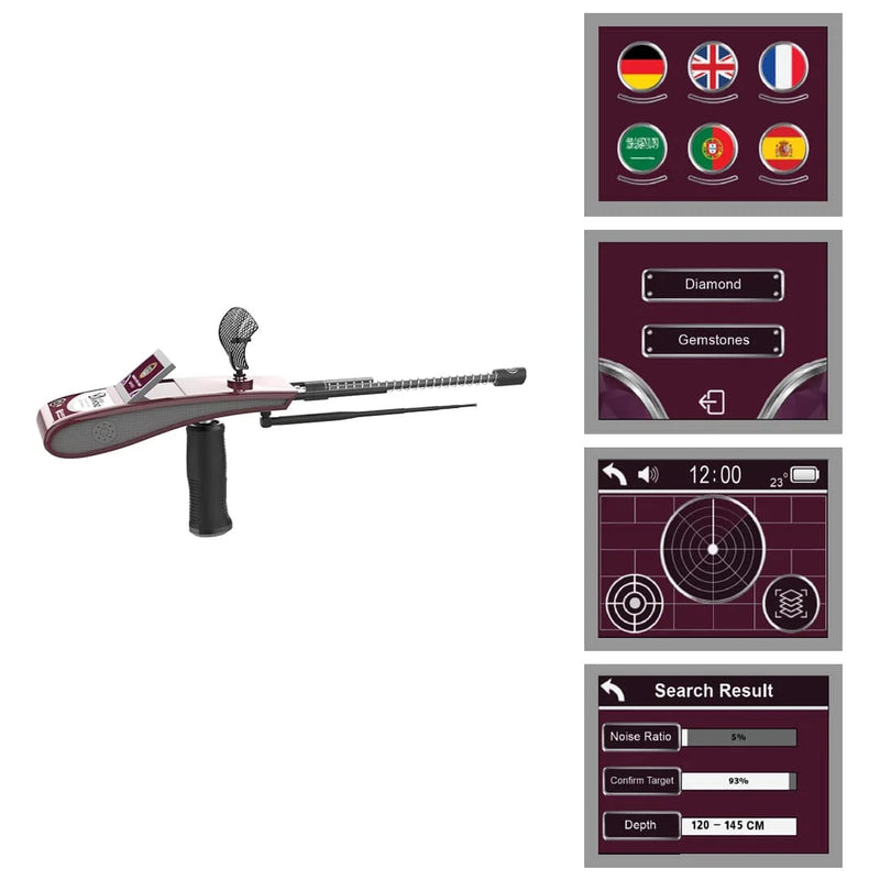 Ger Detect Diamond Hunter Smart Metal Detector with control panel and search coil, designed for diamond and metal detection.