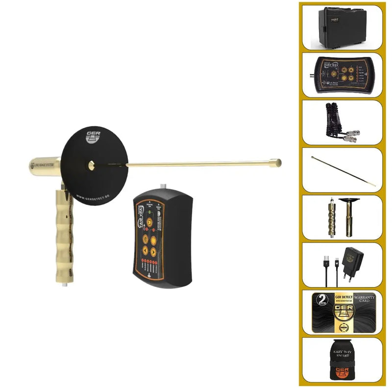 Ger Detect easy way smart metal detector showing its control panel and search coil in a natural outdoor setting.