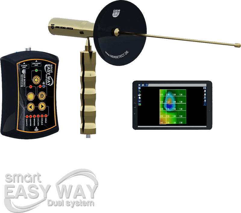 Ger Detect Easy Way Smart Metal Detector with handheld device and search coil for treasure hunting and metal detection.