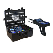 Ger Detect Fresh Result 2 Systems Metal Detector, handheld device with control panel and search coil for treasure hunting.