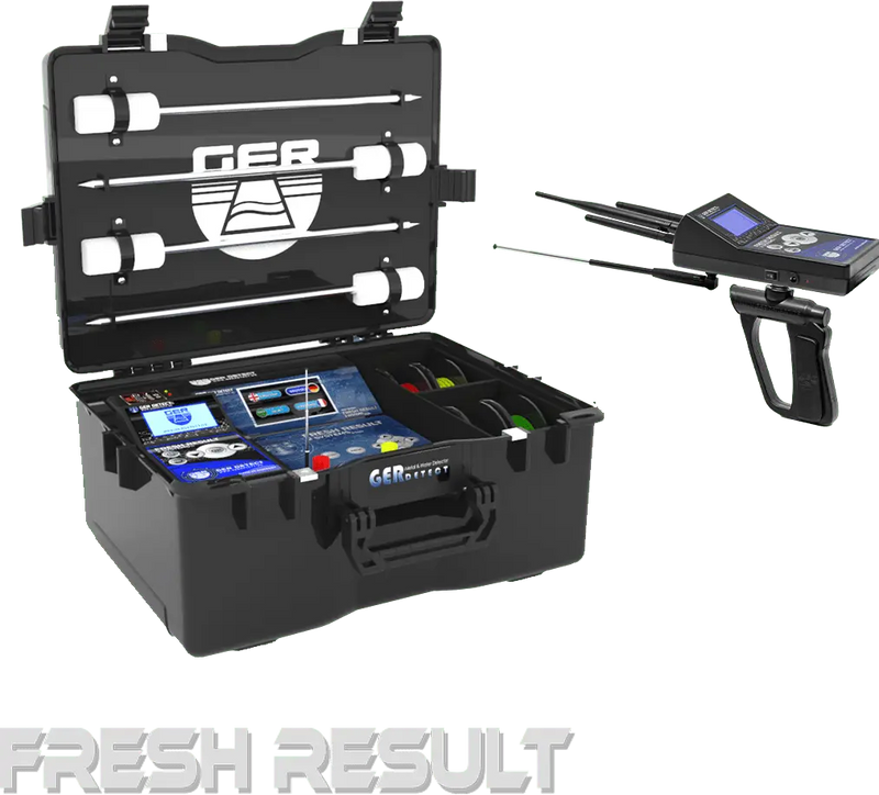 Ger Detect Fresh Result 2 Systems Metal Detector with ergonomic handle and control panel for treasure hunting and metal detection.