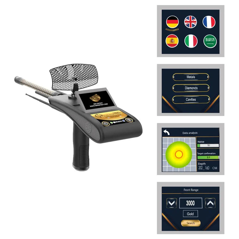 Ger Detect Gold Hunter Smart Detector for gold prospecting showing its control panel and search coil in use.