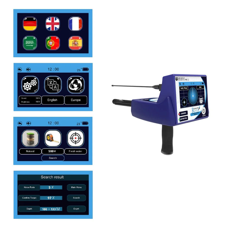 Ger Detect River-F Smart Detector device, compact metal detector with digital controls and ergonomic design for outdoor treasure hunting.