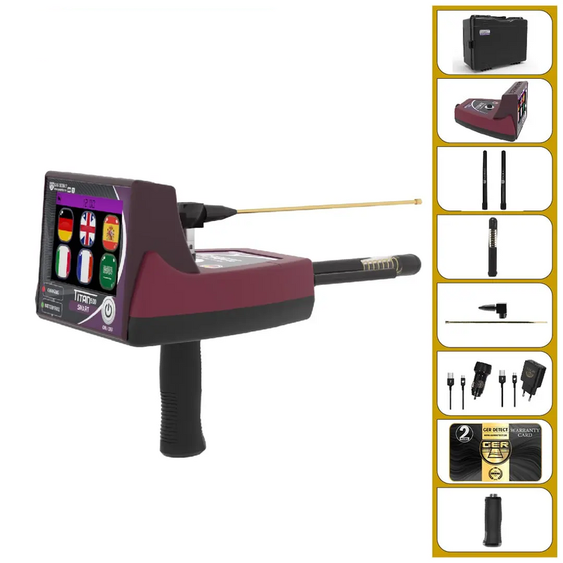 Ger Detect Titan 500 smart metal detector with handheld device, showing control panel and search coil for treasure hunting.