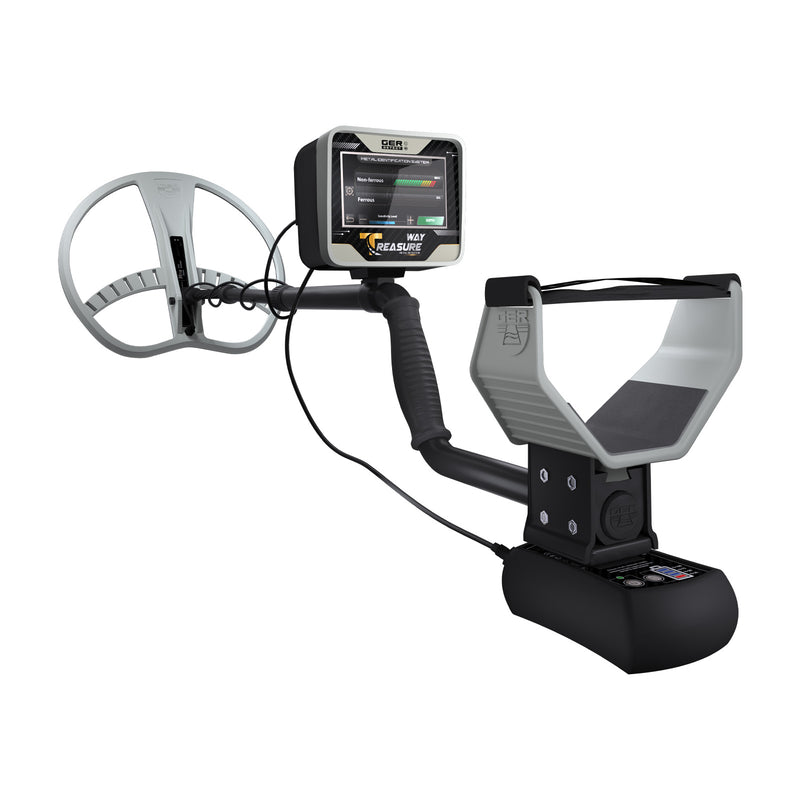 Ger Detect Treasure Way metal detector with digital display, adjustable armrest, and search coil for treasure hunting.