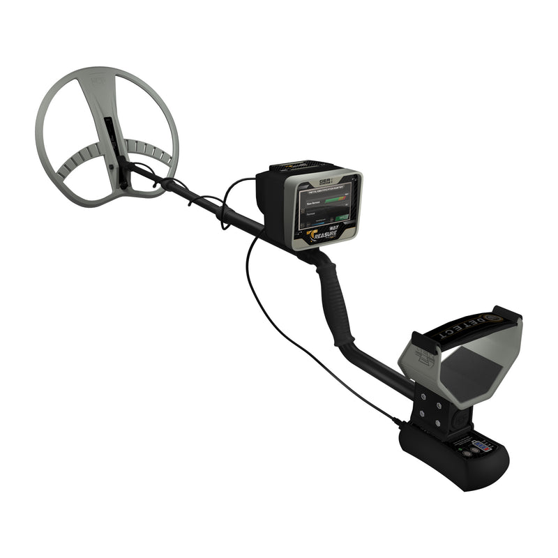 Ger Detect Treasure Way metal detector with search coil and control panel for detecting buried metal objects.