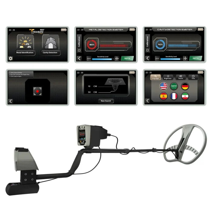 Ger Detect Treasure Way metal detector with ergonomic handle and control panel, ideal for treasure hunting and metal detection.