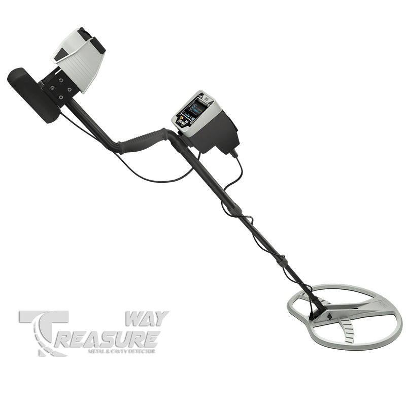 Ger Detect Treasure Way metal detector with control panel and search coil for detecting buried treasures and metal objects.