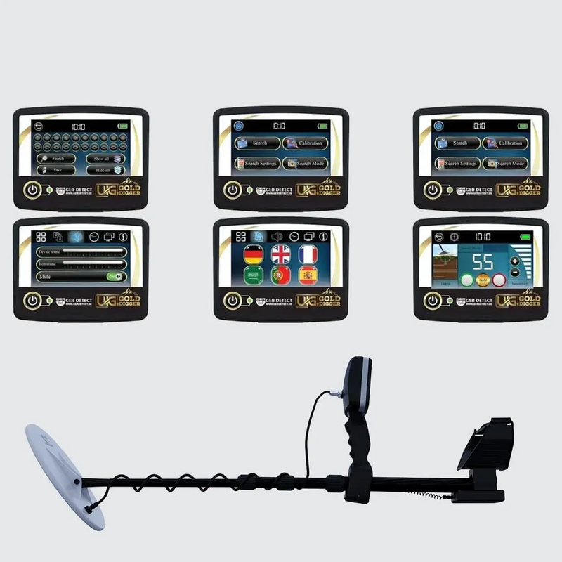 UIG Gold Digger Metal Detector with search coil and control panel for detecting gold and metals underground.