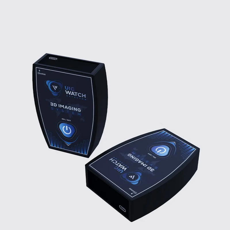 UIG watch detector metal detector device with digital display for security screening and jewelry detection.