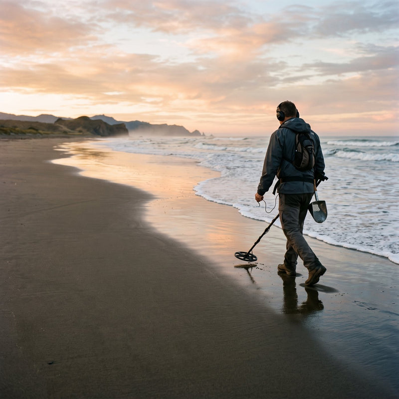 Man sweeping a metal detector along an ocean beach at sunrise - shop all metal detectors