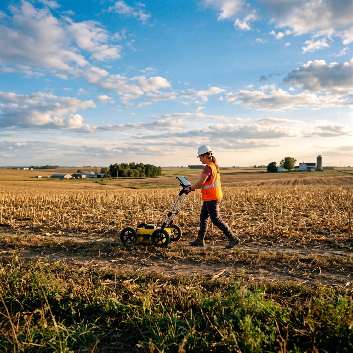 Surveyor in a hard hat and safety vest pushing a ground scanning cart across a field - shop commercial detectors