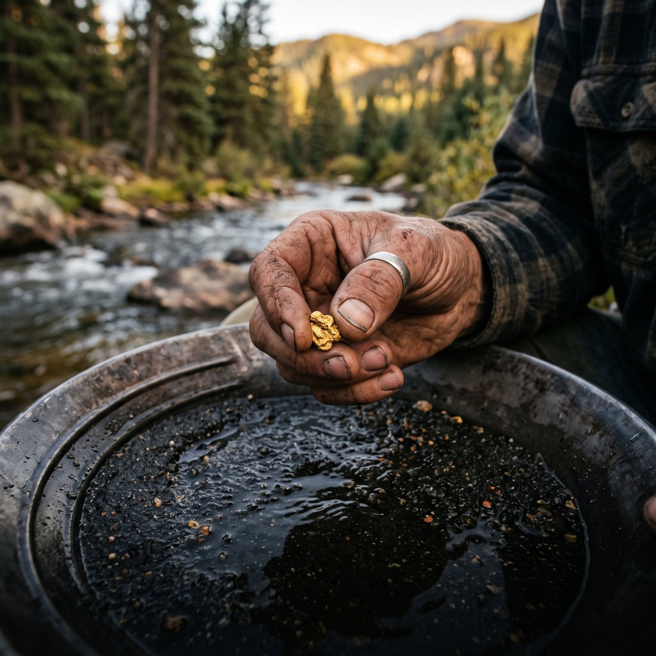 Prospector holding a gold nugget over a gold pan by a river - shop gold metal detectors