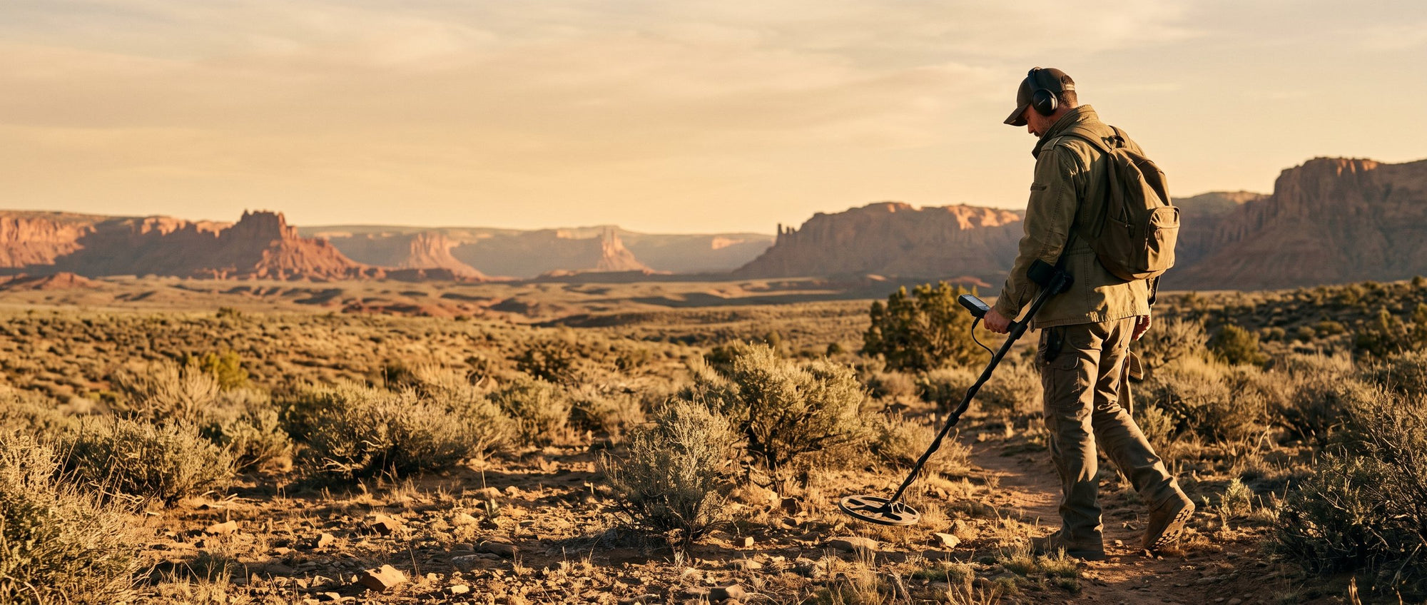 Man with headphones and a backpack sweeping a metal detector along a desert trail at golden hour