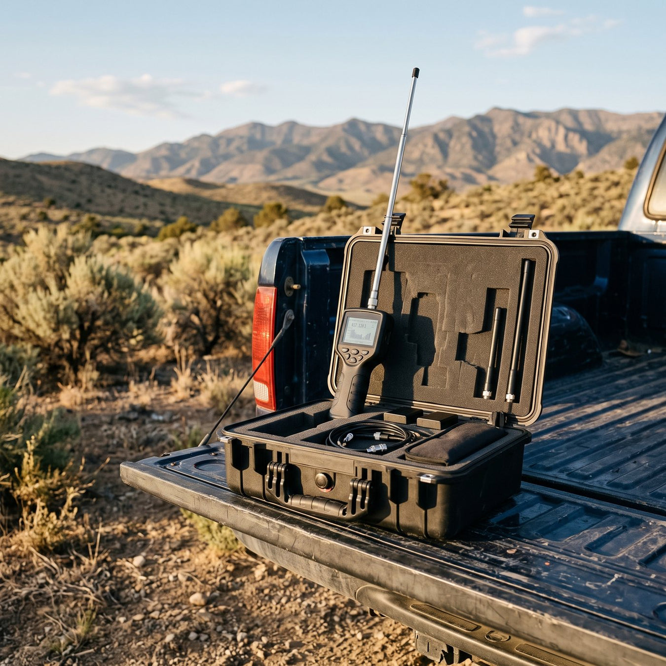 Long range locator with antenna in a hard case on a truck tailgate in the desert - shop long range detectors