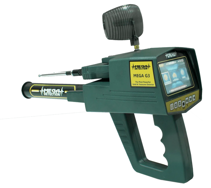 Mega Detection Mega G3 metal detector with a sleek design and adjustable arm for enhanced usability in outdoor settings.