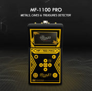 MWF MF 1100 Pro Super metal detector for gold and treasure detection with gold-colored display and control panel.