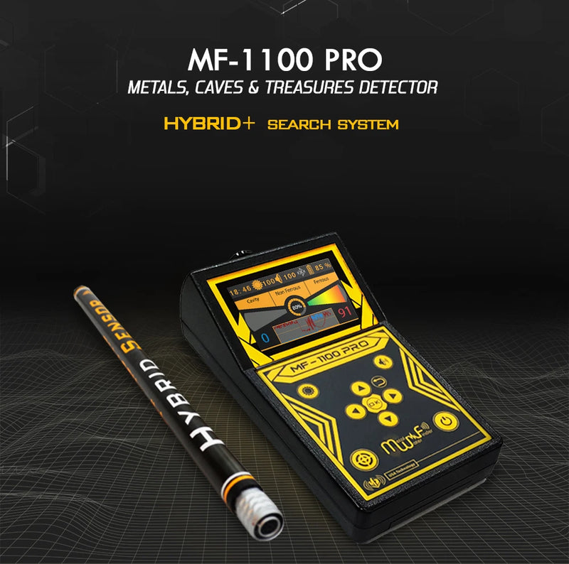 MWF MF 1100 Pro Super smart gold and treasure detector with a handheld metal detector device and display screen.