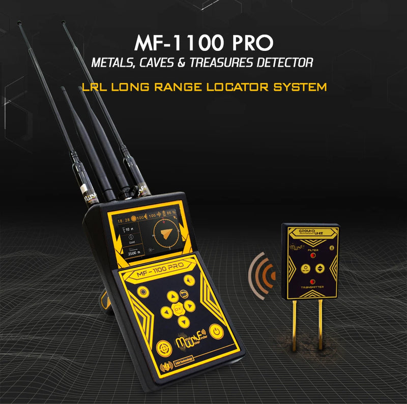 MWF MF 1100 Pro Super metal detector with smart gold and treasure detection features, shown in a close-up with control panel and search coil.