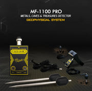 MWF MF 1100 Pro Super metal detector with smart gold and treasure detection features, shown with control panel and search coil.