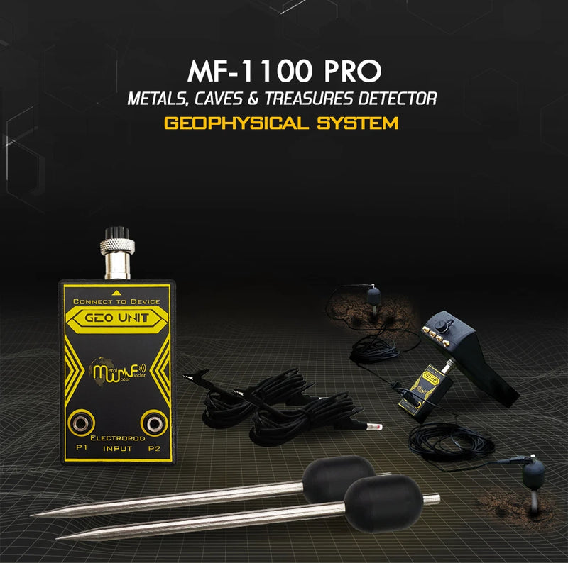 MWF MF 1100 Pro Super metal detector with smart gold and treasure detection features, shown with control panel and search coil.