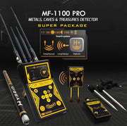MWF MF 1100 Pro Super metal detector with smart gold and treasure detection features, shown in use outdoors.