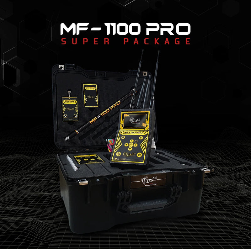 MWF MF 1100 Pro Super metal detector with smart gold and treasure detection features, shown in a close-up on a white background.