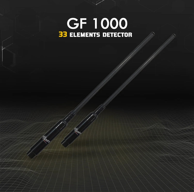 MWF GF 1000 advanced long-range locator and metal detector with digital display and search coil for treasure hunting.