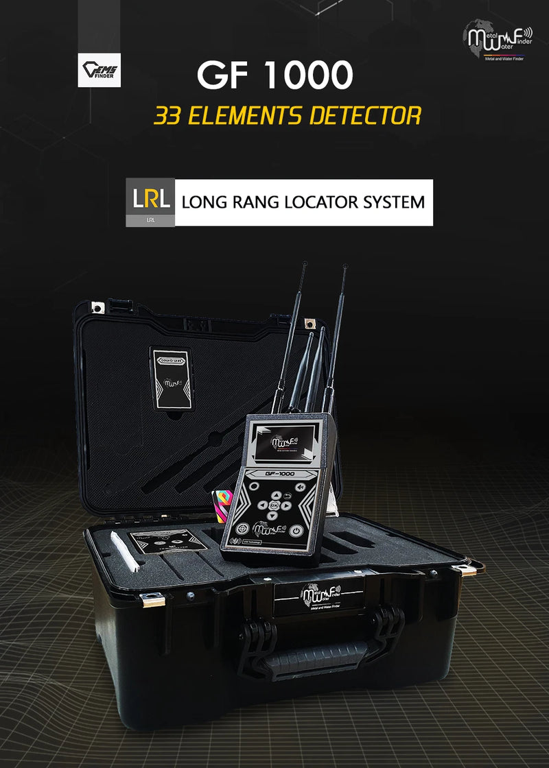 MWF GF 1000 advanced long-range locator and metal detector with display screen and control buttons, used for treasure hunting.