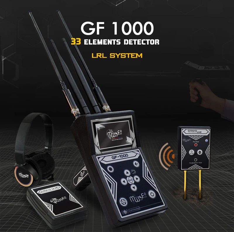 MWF GF 1000 advanced long-range locator and metal detector showing the device with control panel and detection antenna in use