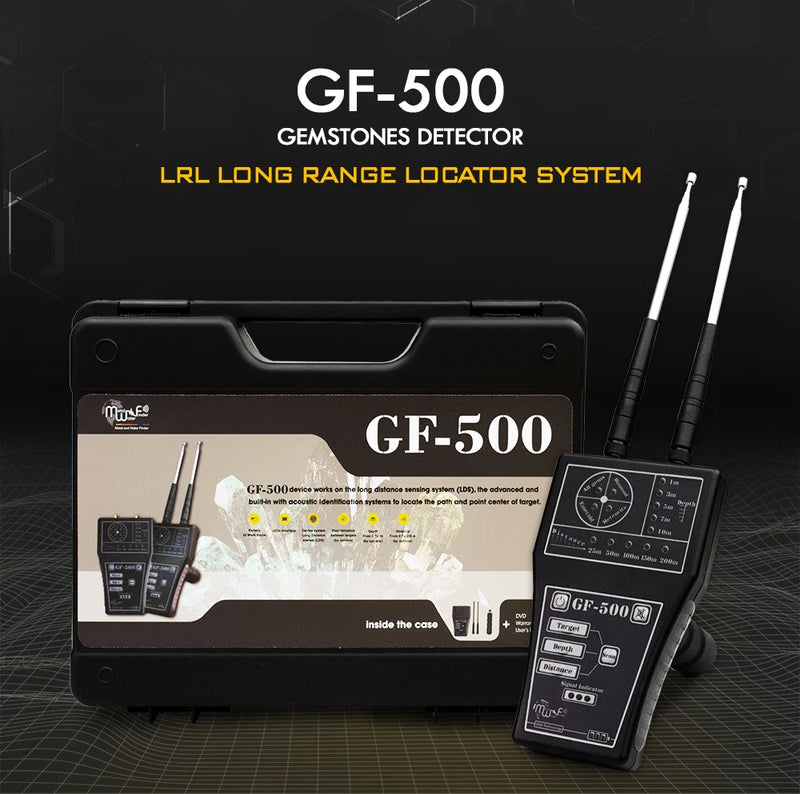 MWF GF 500 Diamond Gems Detector showing handheld device with display screen and control buttons for long-range gemstone detection.