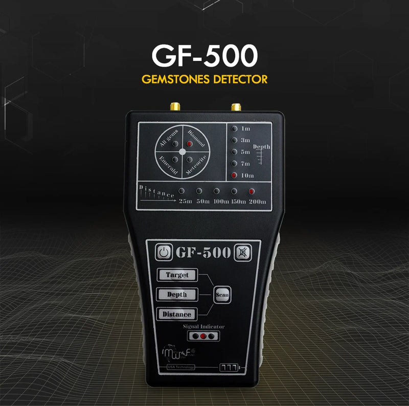 MWF GF 500 Diamond Gems Detector, a long-range locator device with a sleek black design and digital display for detecting precious stones.