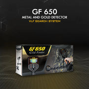 MWF GF 650 Gold Metal Detector showing a user holding the device with a display screen and search coil in an outdoor setting.