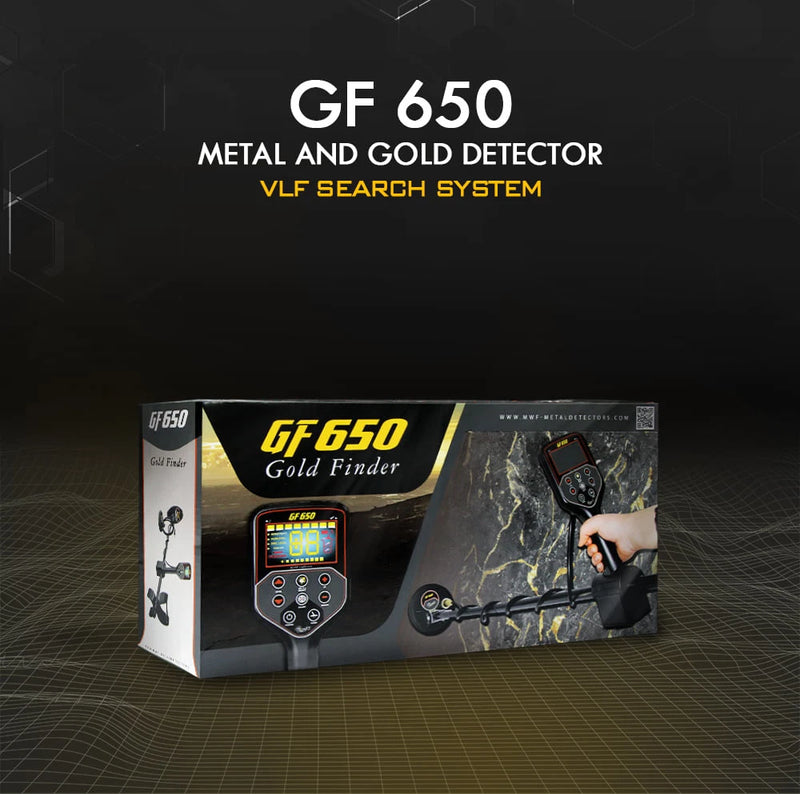 MWF GF 650 Gold Metal Detector showing a user holding the device with a display screen and search coil in an outdoor setting.