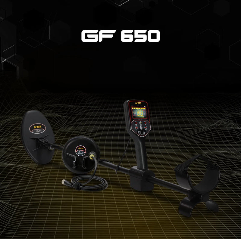 MWF GF 650 Gold and Metal Detector for precision prospecting, featuring a handheld device with control panel and search coil.