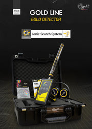 MWF Gold Line Advanced Ionic Gold Detector with laser tracking, featuring a sleek handheld device with digital display and control buttons.