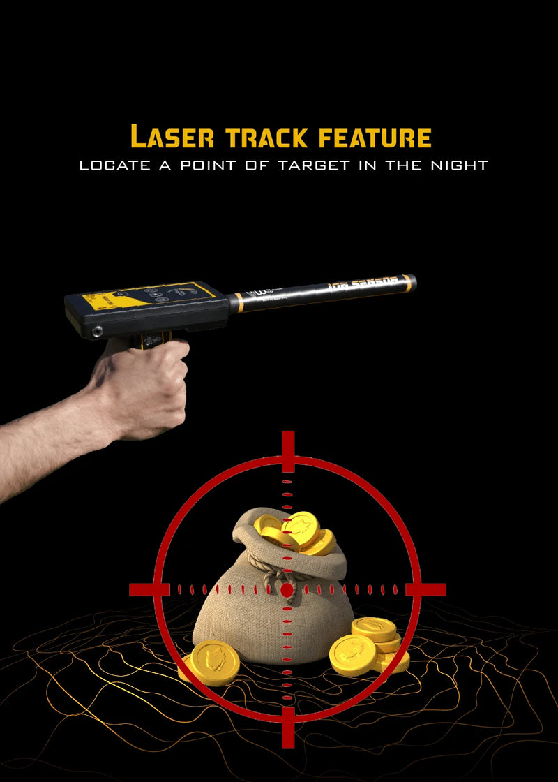 MWF Gold Line Advanced Ionic Gold Detector with laser tracking, featuring a sleek handheld device for precise gold detection.