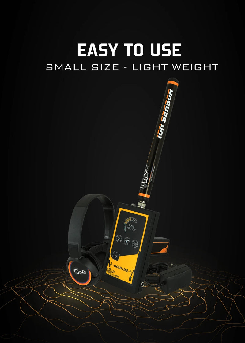 MWF Gold Line advanced ionic gold detector with laser tracking, showing the device with control panel and laser beam in use.