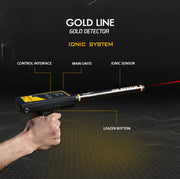 MWF Gold Line advanced ionic gold detector with laser tracking, featuring a sleek handheld device and display screen.