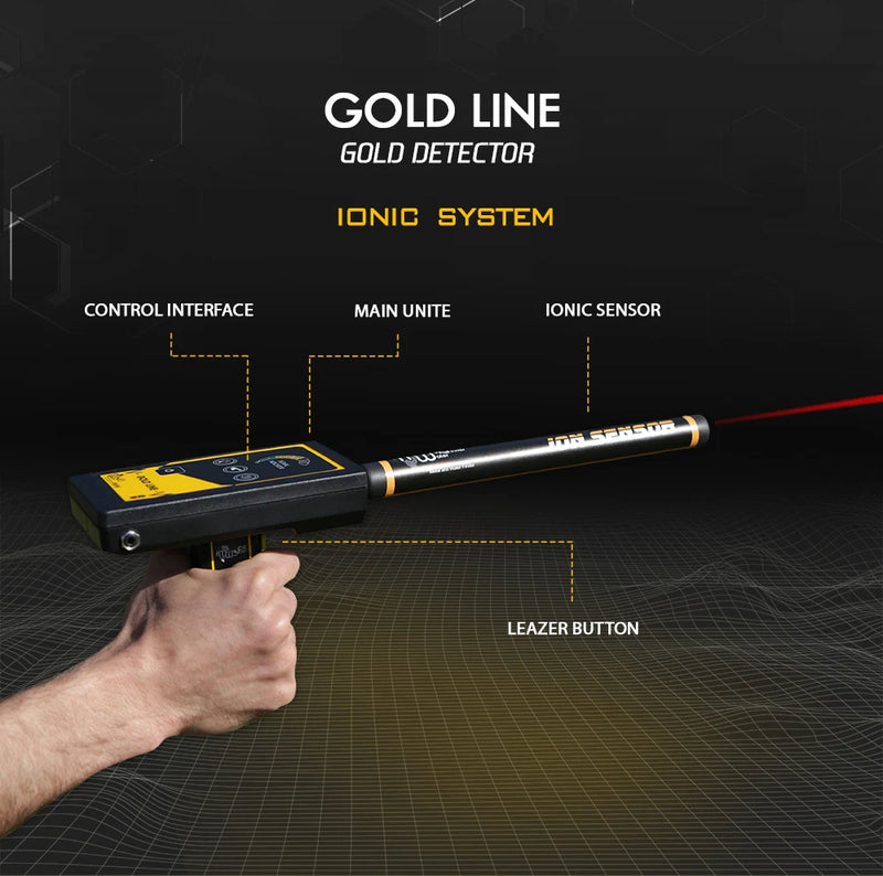 MWF Gold Line advanced ionic gold detector with laser tracking, featuring a sleek handheld device and display screen.