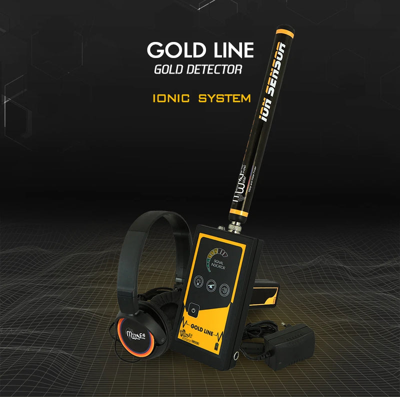MWF Gold Line Advanced Ionic Gold Detector with laser tracking device, showing control panel and gold detection screen.