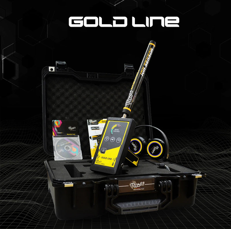 MWF Gold Line Advanced Ionic Gold Detector with laser tracking, featuring a sleek handheld device with control buttons.