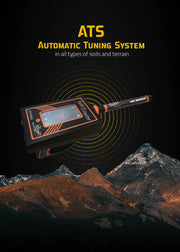 MWF Gold Radar detecting underground treasures with a handheld device in a natural outdoor setting.