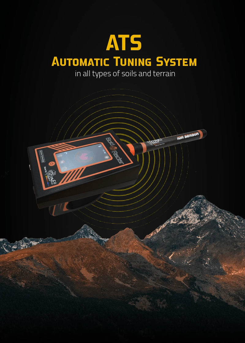 MWF Gold Radar detecting underground treasures with a handheld device in a natural outdoor setting.