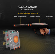 MWF Gold Radar detecting hidden underground treasures with a handheld metal detector in a natural outdoor setting.