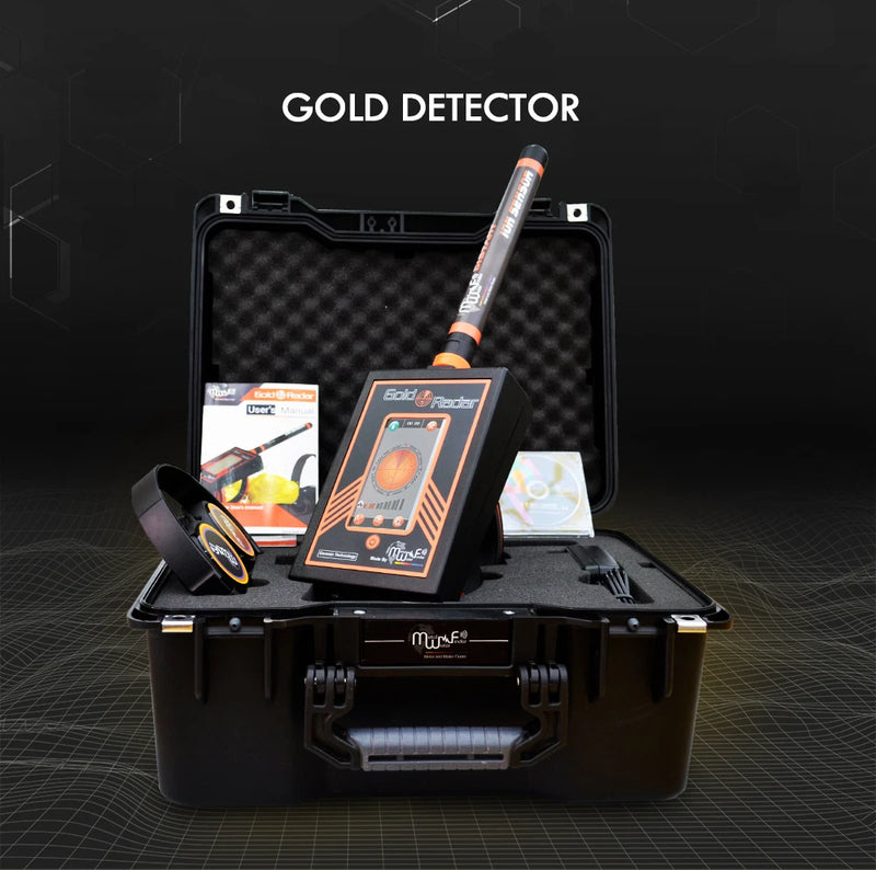 MWF Gold Radar detecting hidden treasures underground with a handheld metal detector device in use.