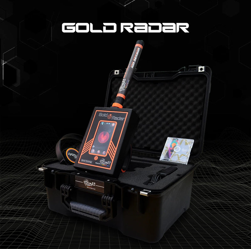 MWF Gold Radar detecting underground treasures with its display and search coil, used for finding hidden objects beneath the surface.